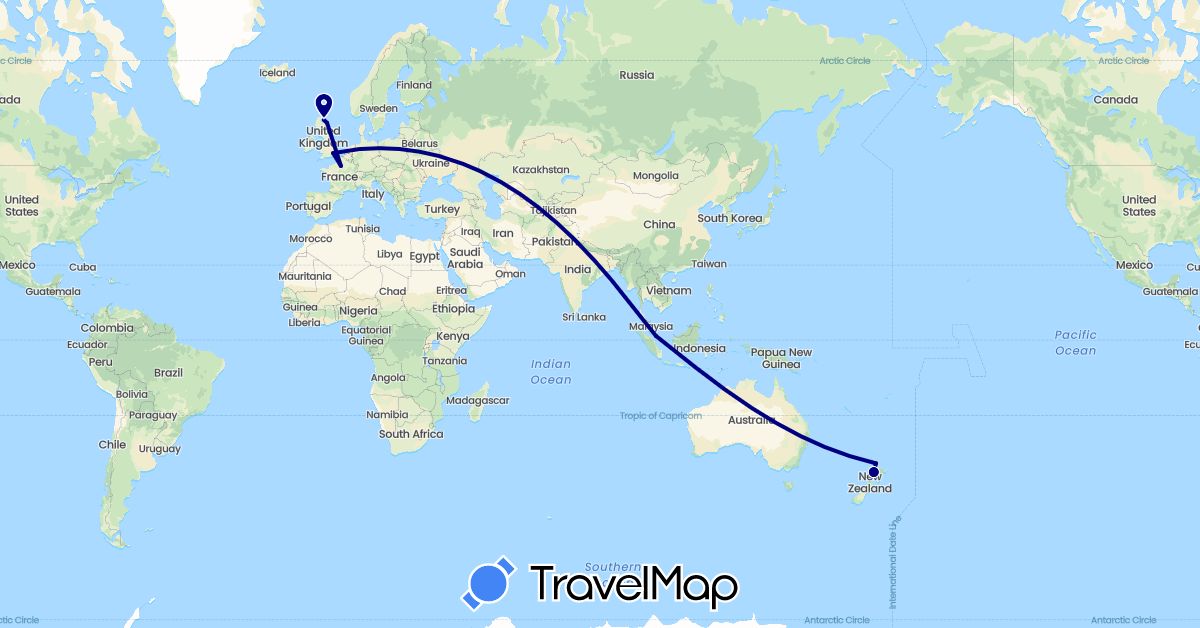 TravelMap itinerary: driving in France, United Kingdom, New Zealand, Singapore (Asia, Europe, Oceania)